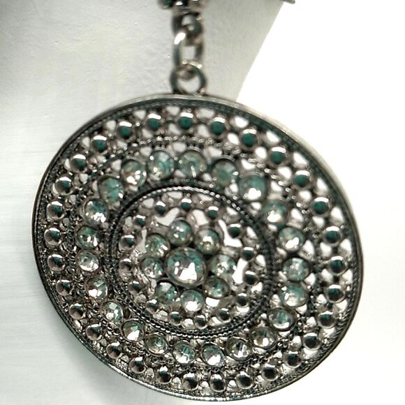 Circular Rhinestone Dangle Earrings Filigree Silver-tone Metal - Picture 6 of 9